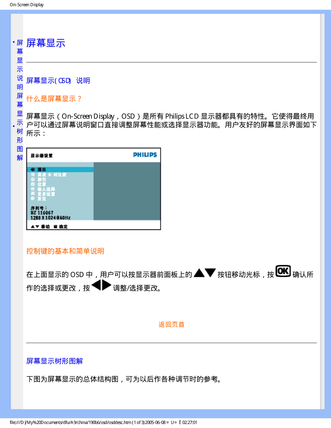 Philips 190B6 user manual 屏幕显示osd 说明, 在上面显示的 Osd 中，用户可以按显示器前面板上的 按钮移动光标，按 确认所 作的选择或更改，按 调整/选择更改。, 屏幕显示树形图解 