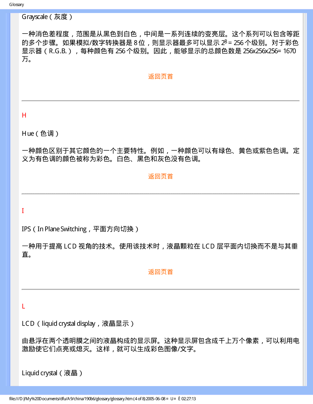 Philips 190B6 user manual Grayscale（灰度）, Hue（色调）, LCD（liquid crystal display，液晶显示）, Liquid crystal（液晶） 