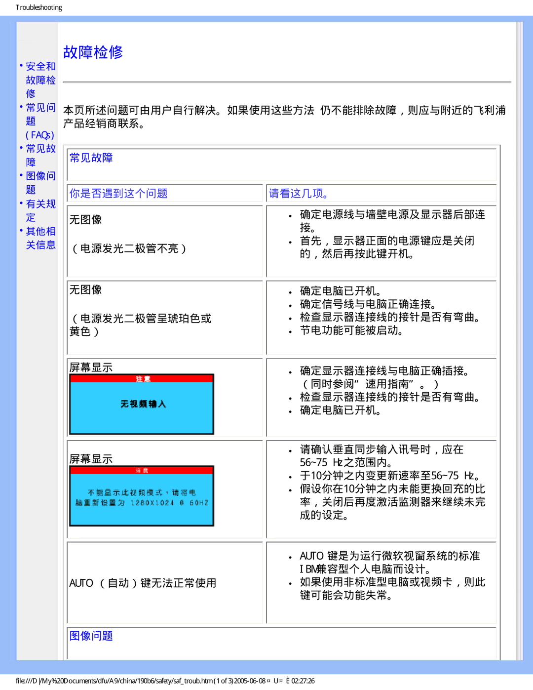 Philips 190B6 user manual 常见问 本页所述问题可由用户自行解决。如果使用这些方法仍不能排除故障，则应与附近的飞利浦 产品经销商联系。, 常见故障, 确定电源线与墙壁电源及显示器后部连, 无图像, 图像问题 