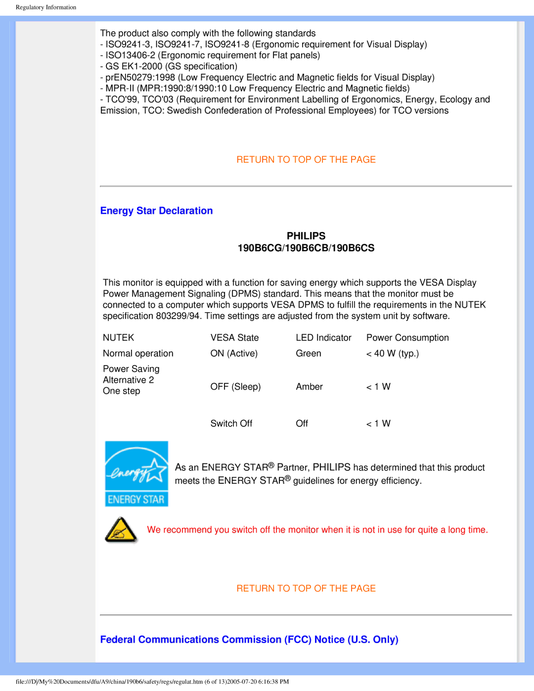 Philips 190B6 user manual Energy Star Declaration, Federal Communications Commission FCC Notice U.S. Only 