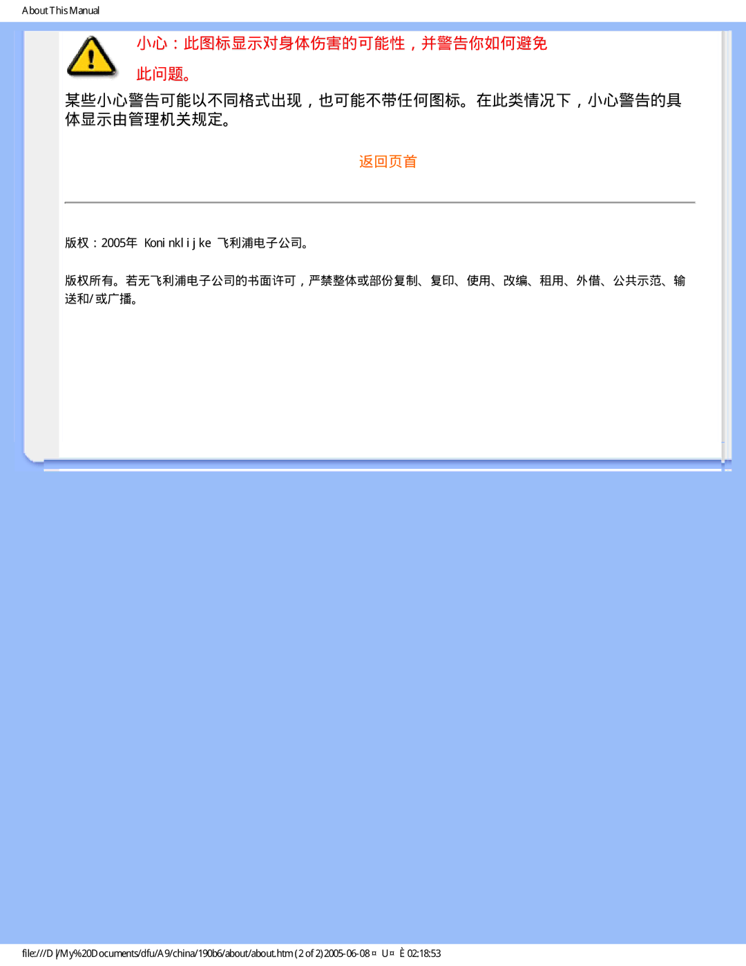 Philips 190B6 user manual 小心：此图标显示对身体伤害的可能性，并警告你如何避免 此问题。, 某些小心警告可能以不同格式出现，也可能不带任何图标。在此类情况下，小心警告的具 体显示由管理机关规定。 