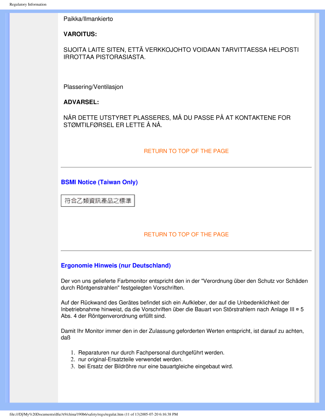 Philips 190B6 user manual Bsmi Notice Taiwan Only, Ergonomie Hinweis nur Deutschland 