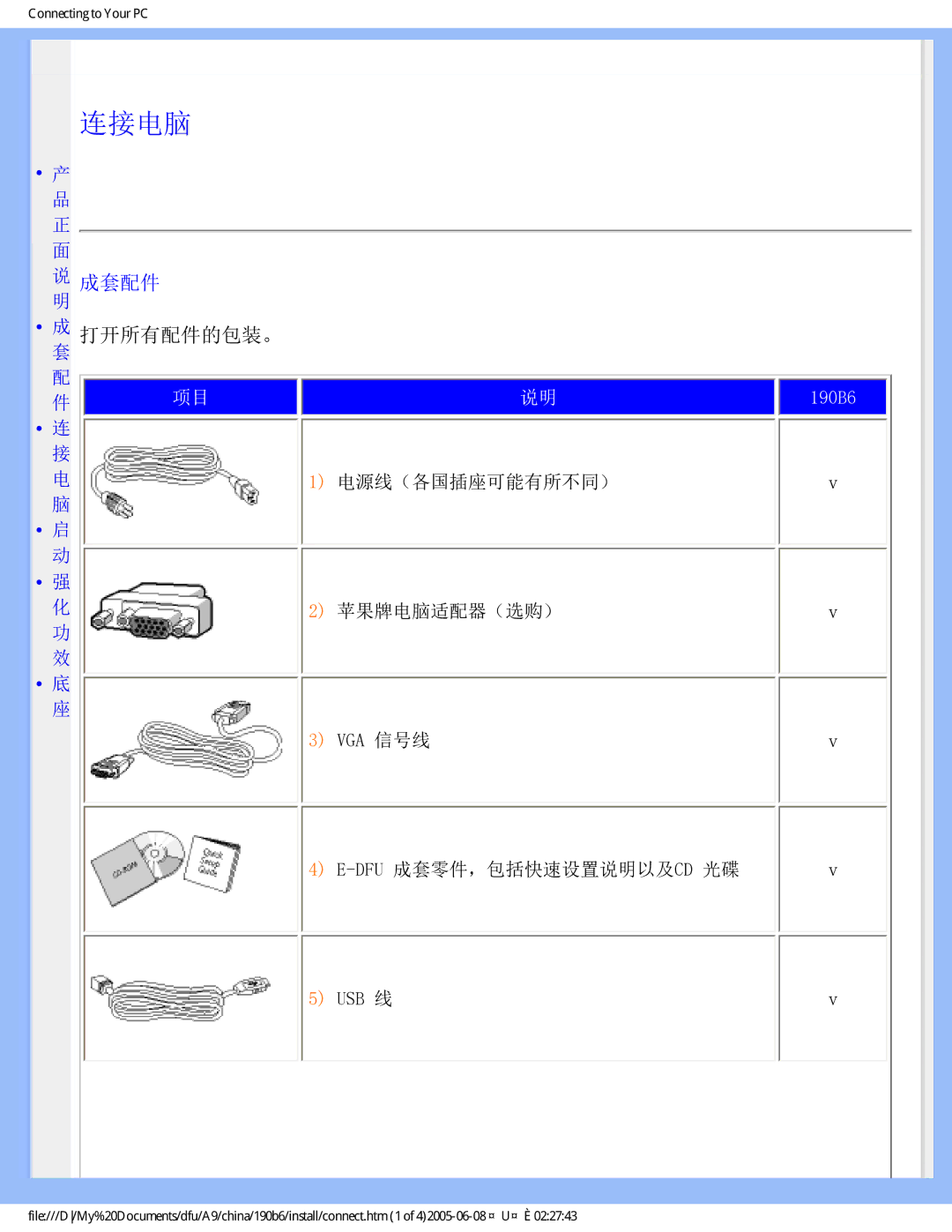 Philips 190B6 user manual 连接电脑, 成套配件, 打开所有配件的包装。 