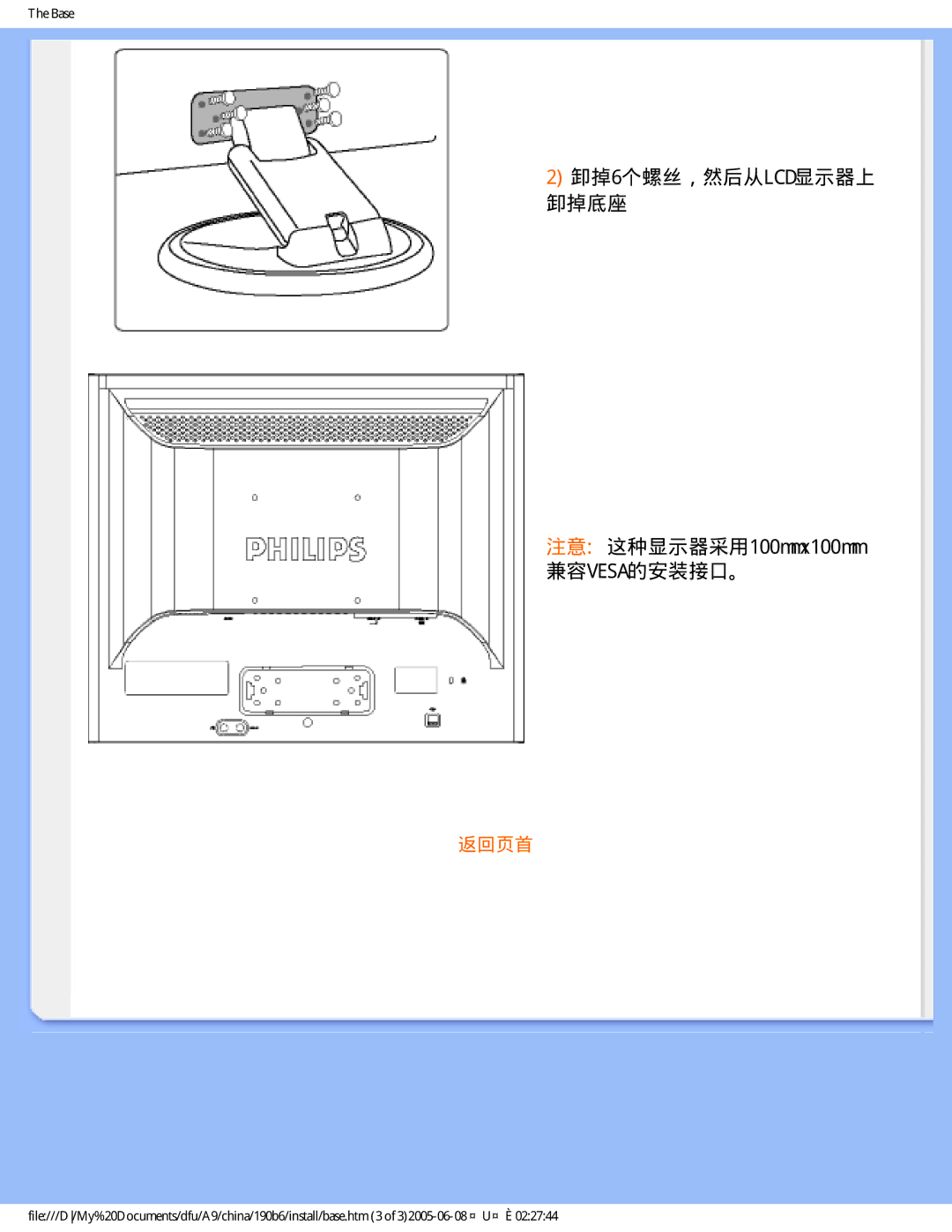 Philips 190B6 user manual 卸掉6个螺丝，然后从LCD显示器上 卸掉底座 注意 这种显示器采用100mmx100mm 兼容VESA的安装接口。 