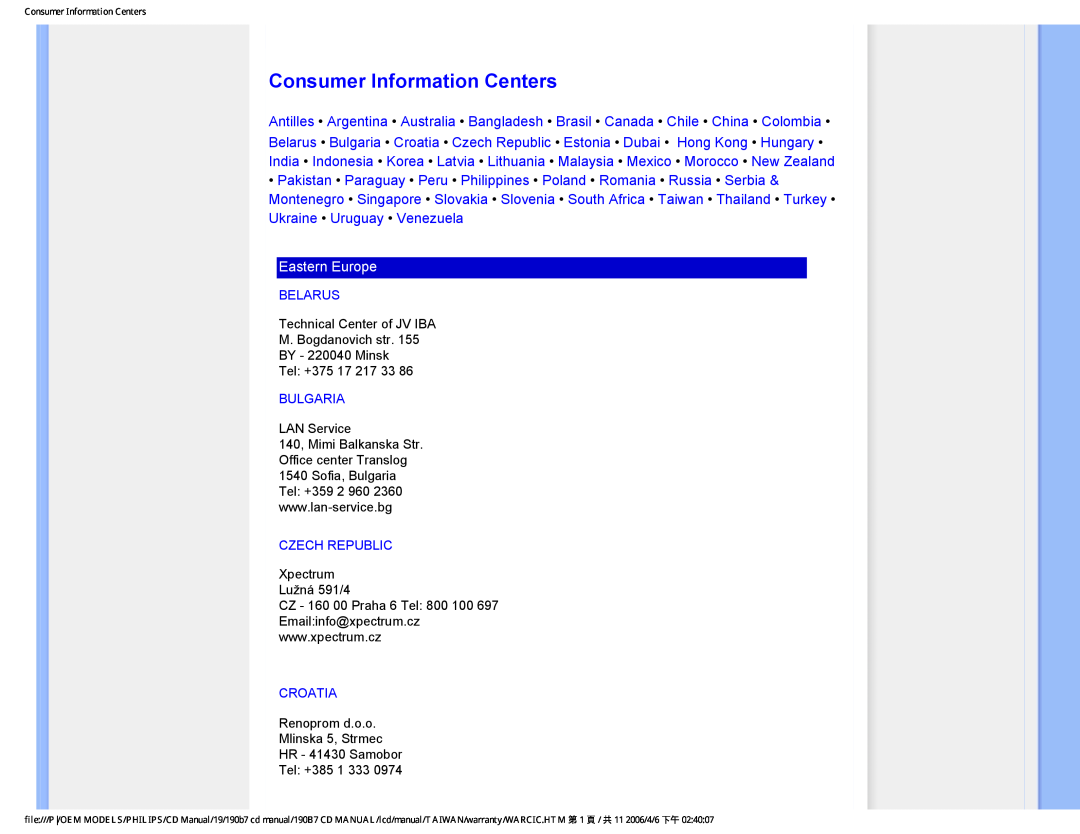Philips 190B7 user manual Consumer Information Centers, Eastern Europe 