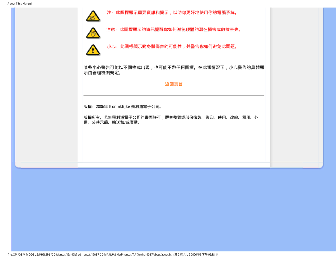 Philips 190B7 user manual 某些小心警告可能以不同格式出現，也可能不帶任何圖標。在此類情況下，小心警告的具體顯 示由管理機關規定。, 版權﹕2006年 Koninklijke 飛利浦電子公司。 