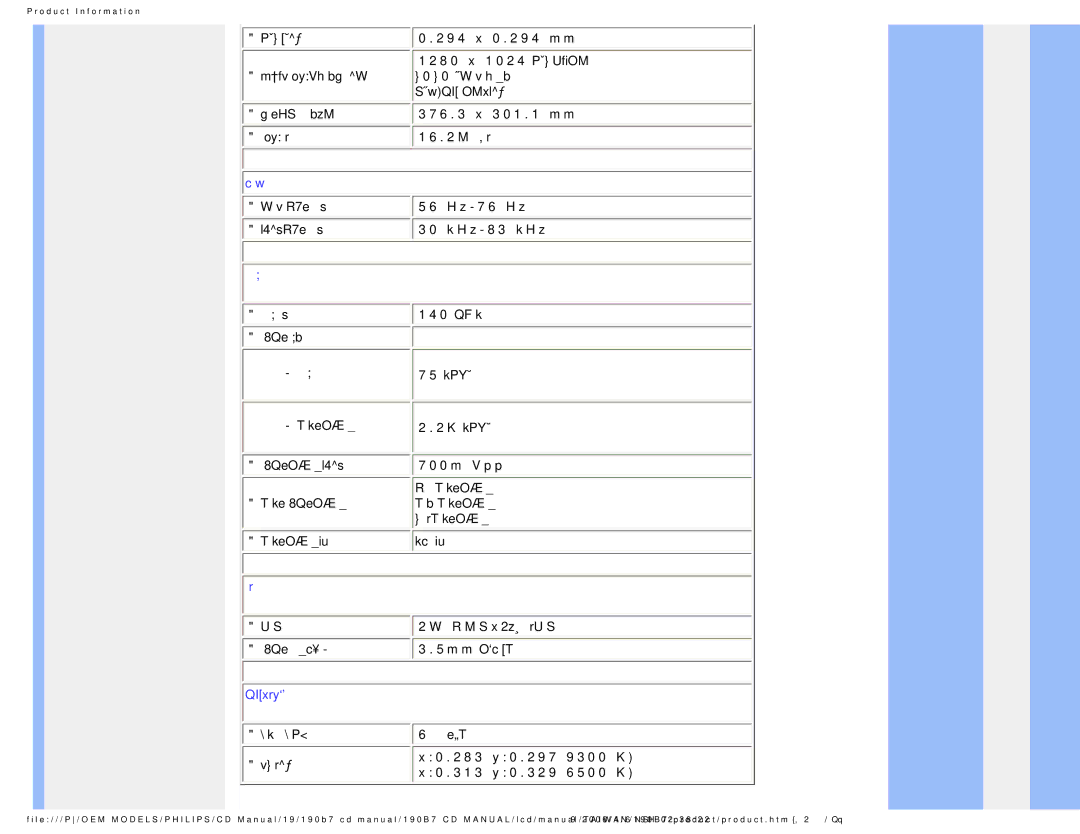 Philips 190B7 user manual 像素密度, 1280 x 1024 像素單位 液晶顯示器面板類型 紅、綠、藍垂直條形 反眩光定位硬度 有效可視面積 