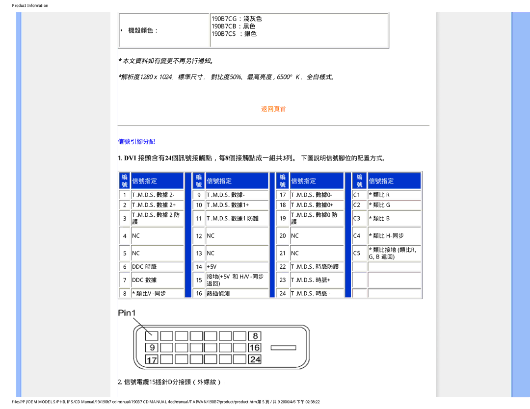 Philips 190B7礼G：淺灰色, 機殼顏色： 190B7礼B：黑色 190B7礼S ：銀色, DVI 接頭含有24個訊號接觸點，每8個接觸點成一組共3列。 下圖說明信號腳位的配置方式。, 信號電纜15插針D分接頭（外螺紋）﹕ 