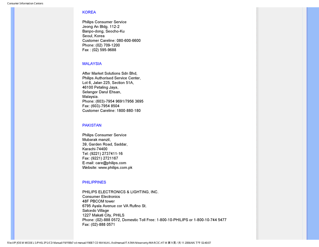 Philips 190B7 user manual Korea, Malaysia, Pakistan, Philippines 