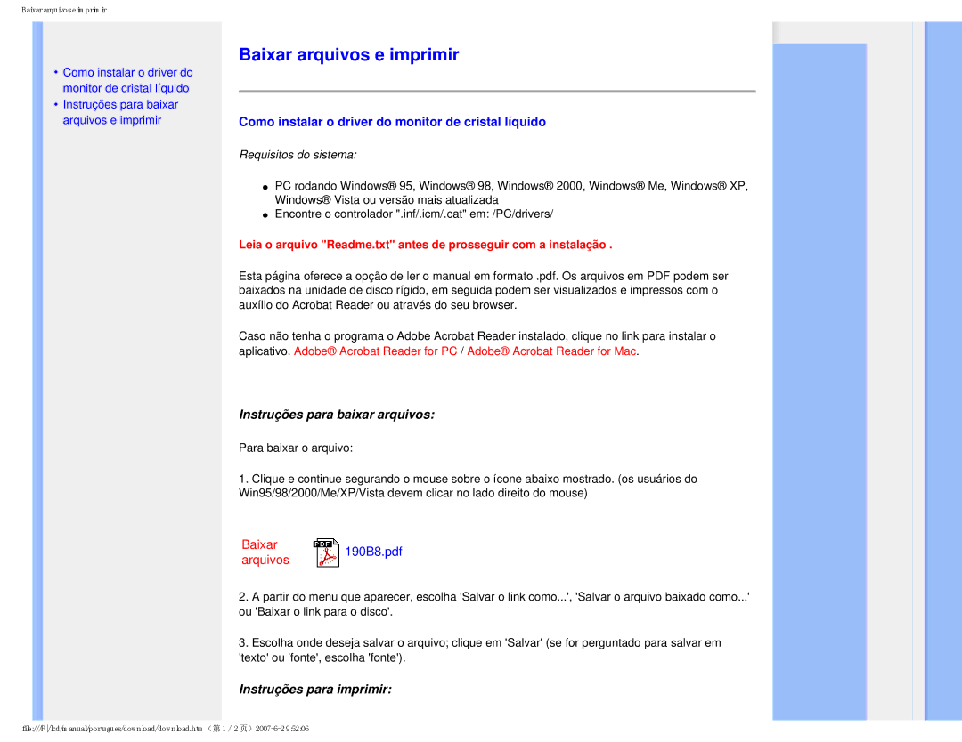 Philips 190B8 Baixar arquivos e imprimir, Como instalar o driver do monitor de cristal líquido, Instruções para imprimir 