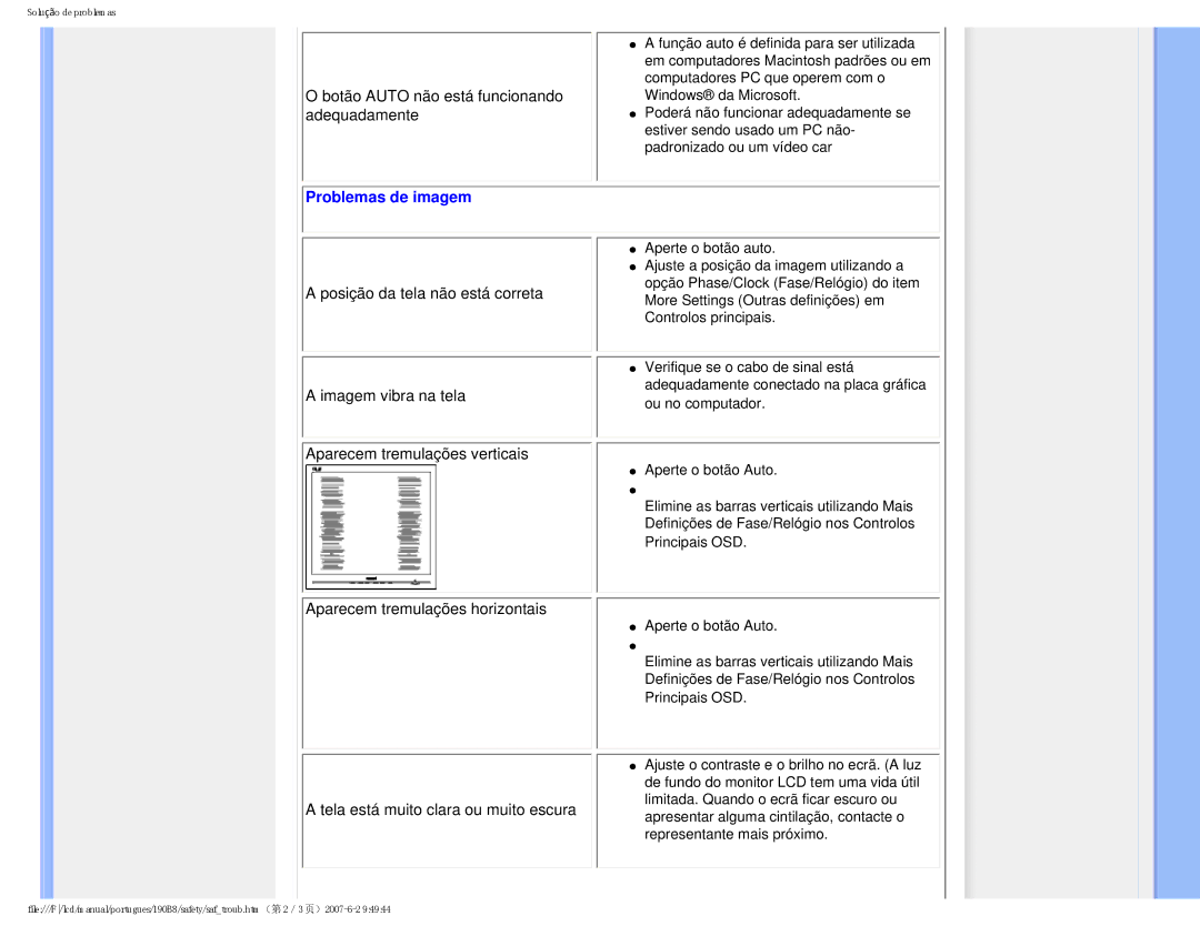 Philips 190B8 user manual Problemas de imagem 