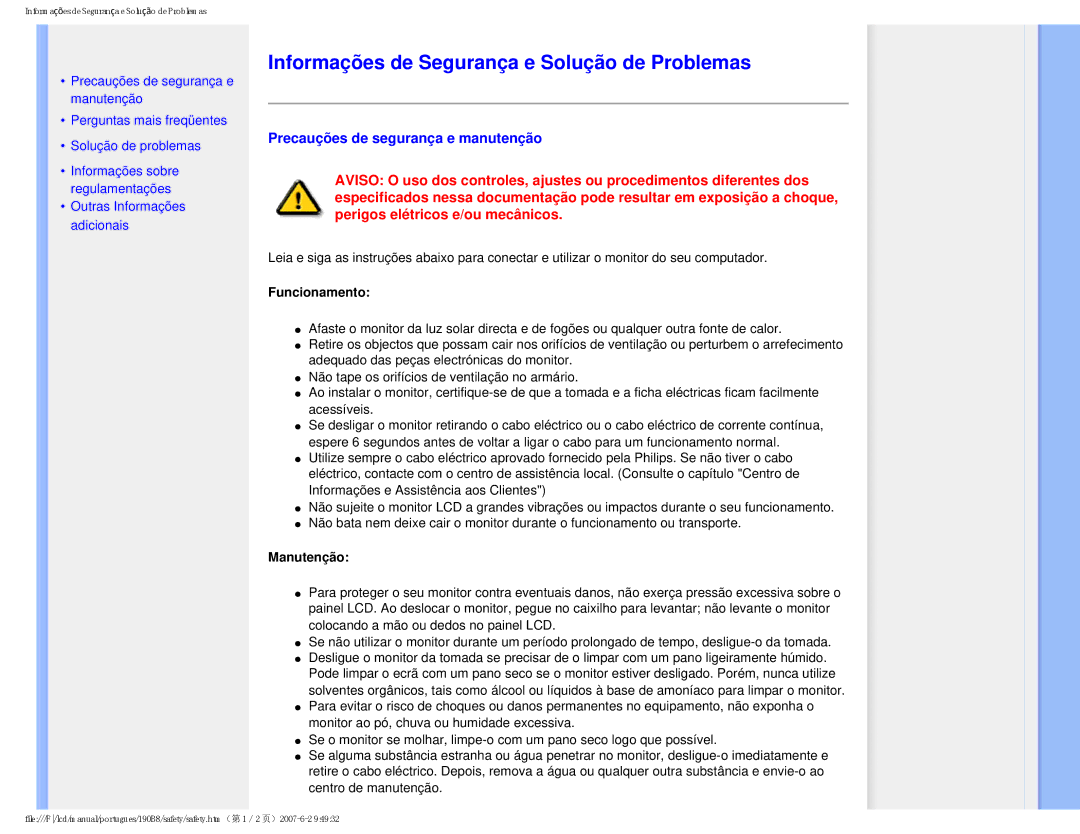 Philips 190B8 Informações de Segurança e Solução de Problemas, Precauções de segurança e manutenção, Funcionamento 