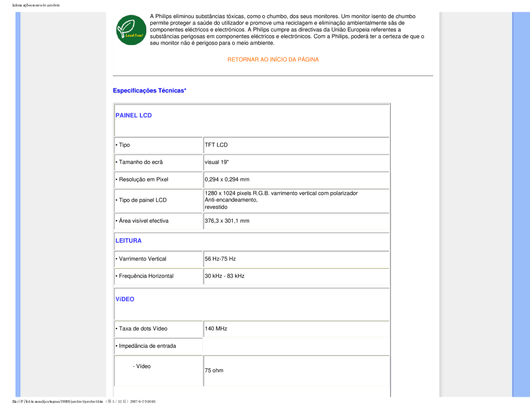 Philips 190B8 user manual Especificações Técnicas, Painel LCD 