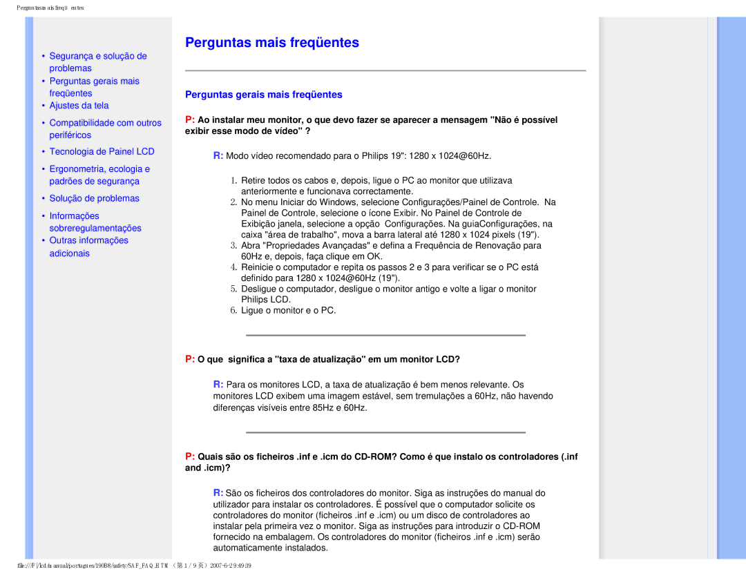Philips 190B8 user manual Perguntas mais freqüentes, Perguntas gerais mais freqüentes 
