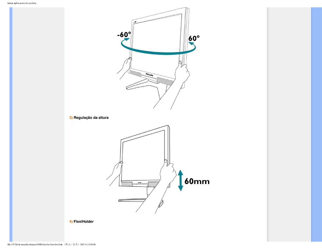 Philips 190B8 user manual Regulação da altura FlexiHolder 