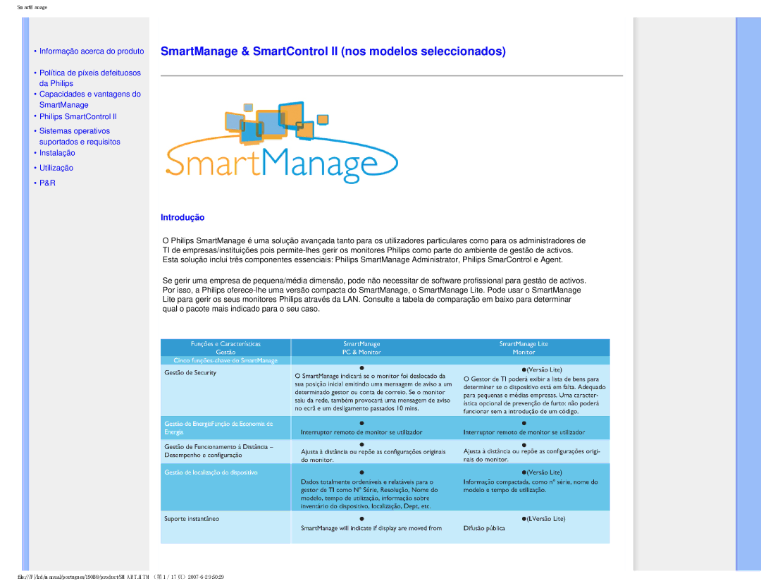 Philips 190B8 user manual SmartManage & SmartControl II nos modelos seleccionados, Introdução 