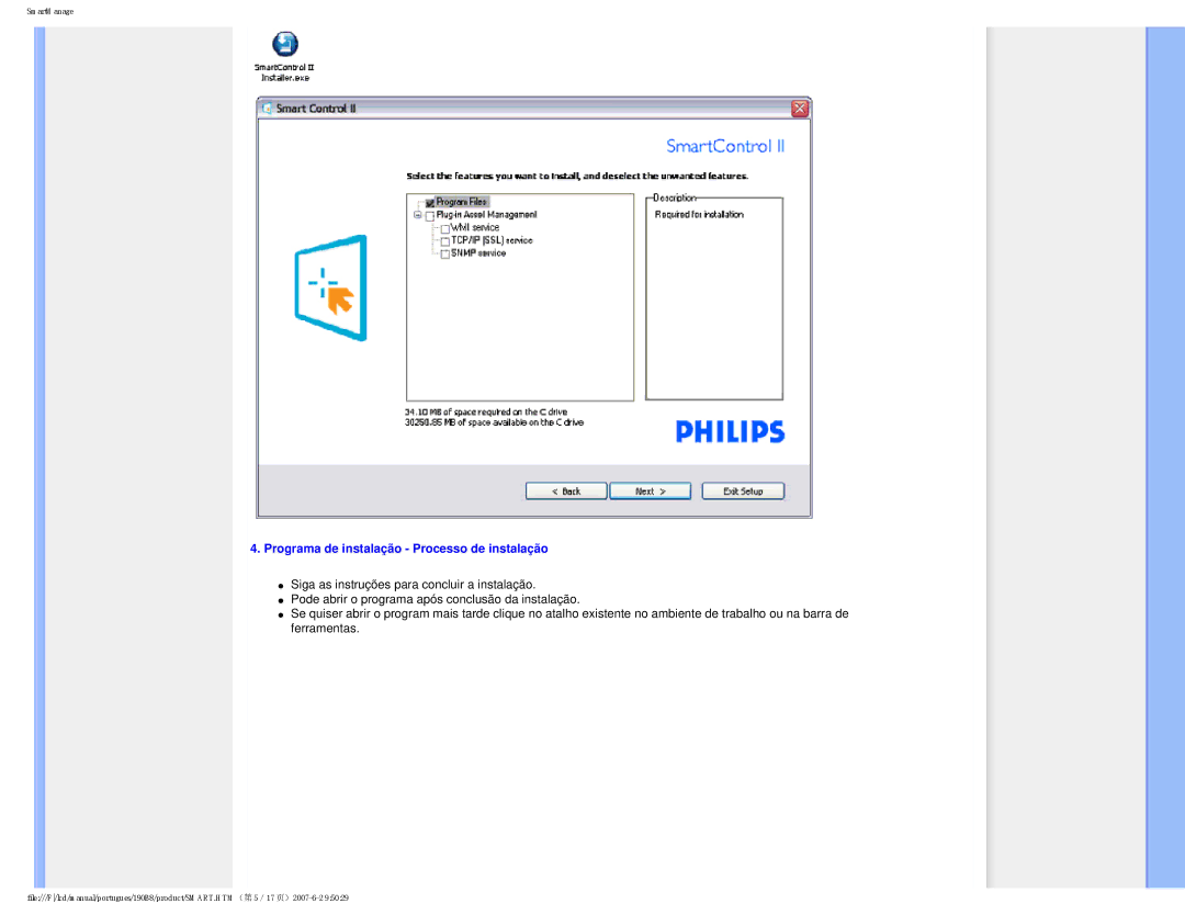 Philips 190B8 user manual Programa de instalação Processo de instalação 