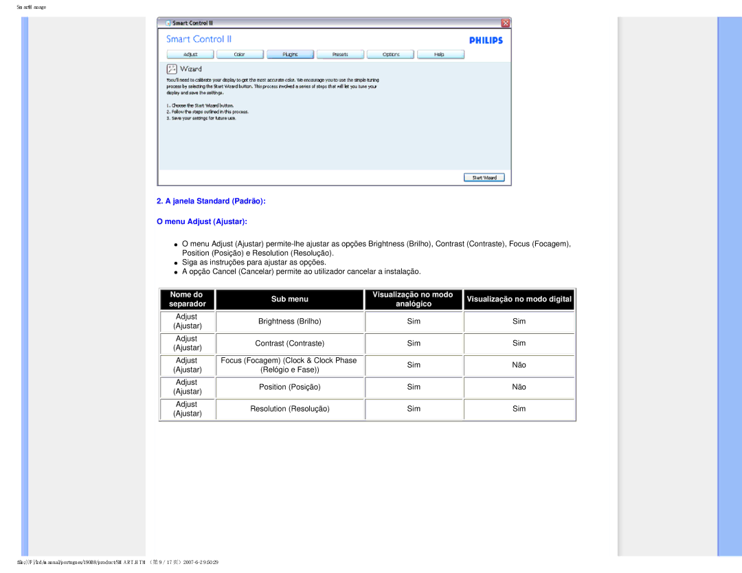 Philips 190B8 user manual Janela Standard Padrão O menu Adjust Ajustar 