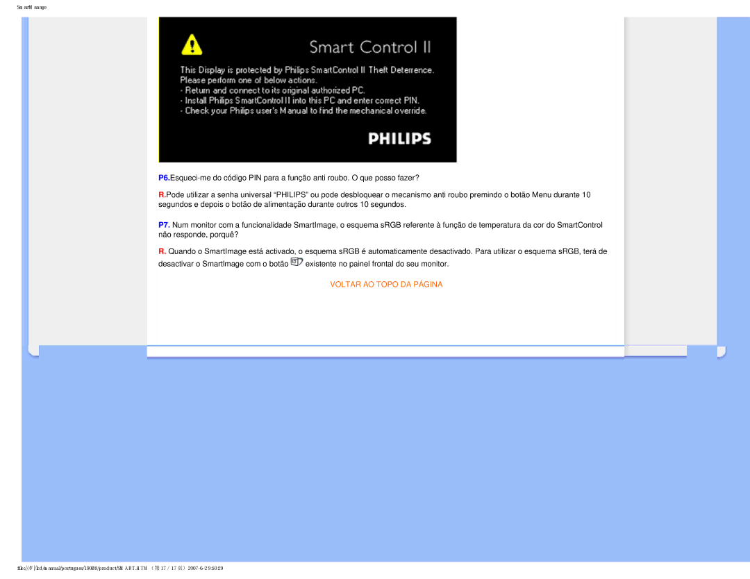 Philips 190B8 user manual Voltar AO Topo DA Página 