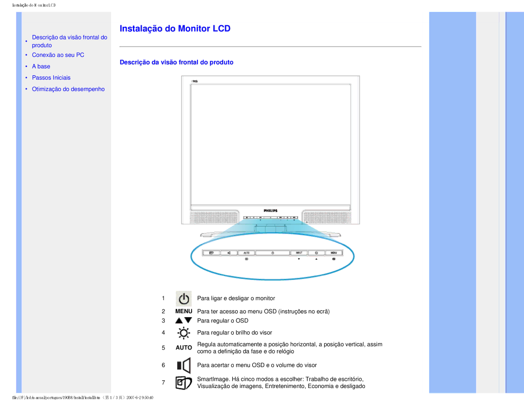 Philips 190B8 user manual Instalação do Monitor LCD 