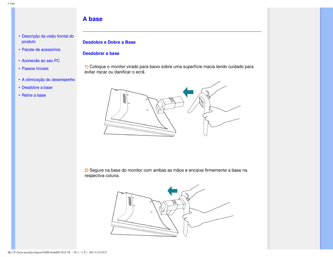 Philips 190B8 user manual Desdobre e Dobre a Base Desdobrar a base 