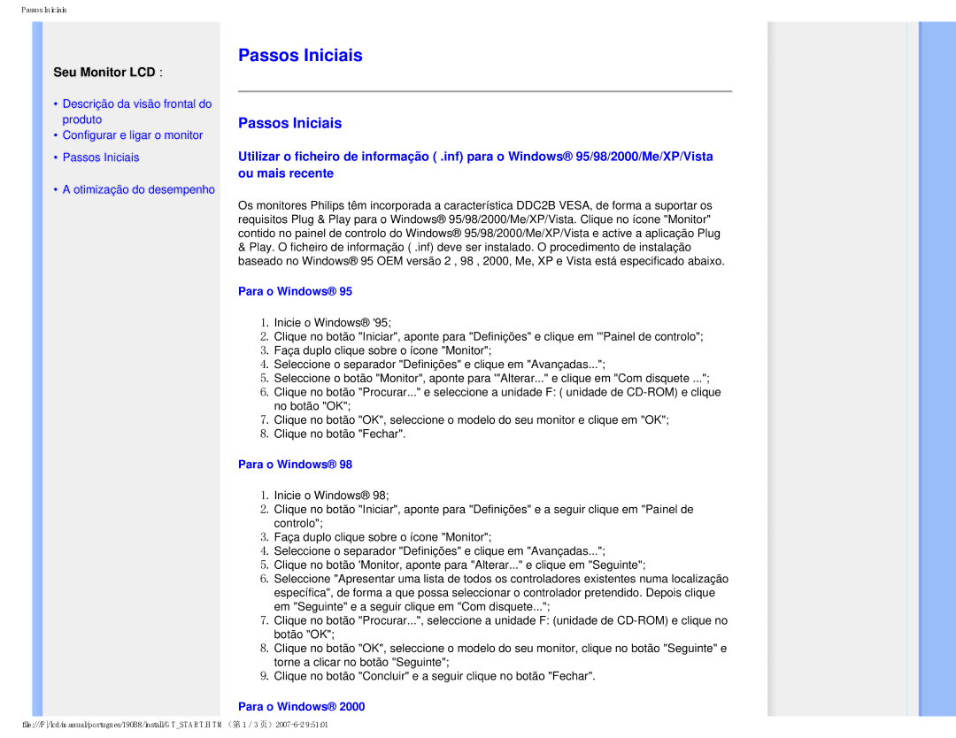 Philips 190B8 user manual Passos Iniciais, Seu Monitor LCD 