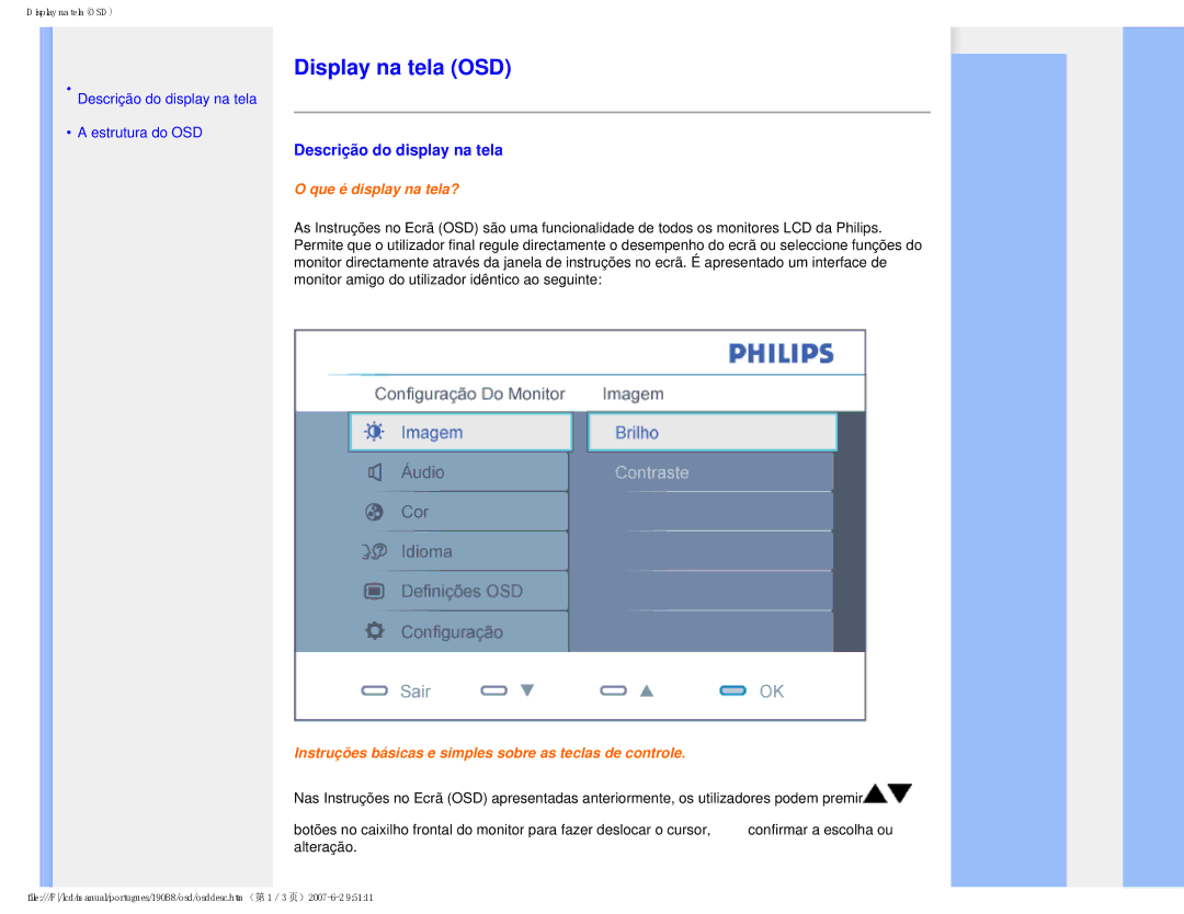 Philips 190B8 user manual Display na tela OSD, Descrição do display na tela 