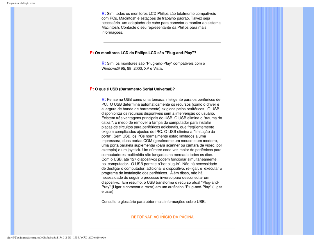 Philips 190B8 user manual Os monitores LCD da Philips LCD são Plug-and-Play?, Que é USB Barramento Serial Universal? 
