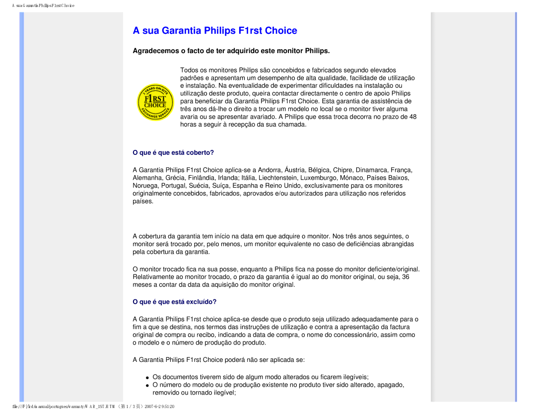 Philips 190B8 user manual Sua Garantia Philips F1rst Choice, Agradecemos o facto de ter adquirido este monitor Philips 