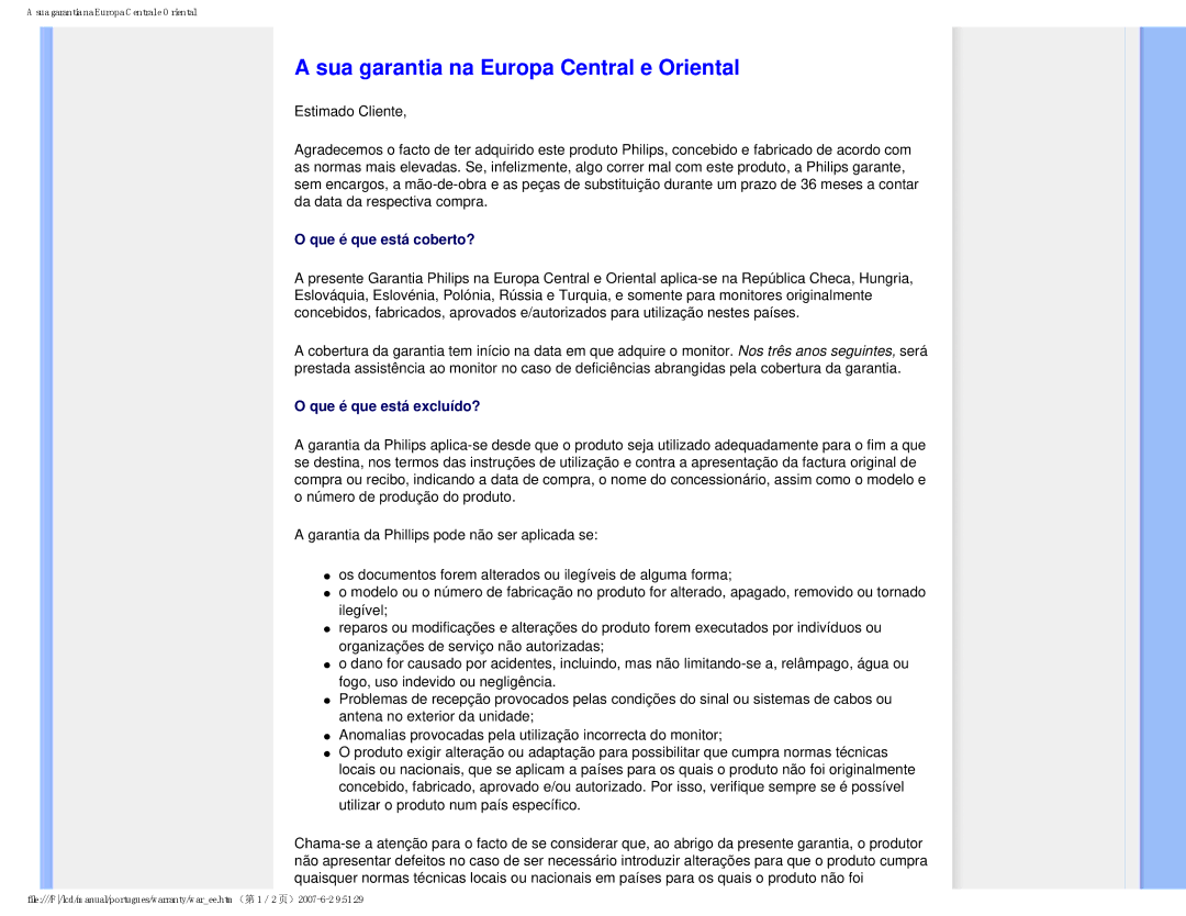 Philips 190B8 user manual Sua garantia na Europa Central e Oriental 