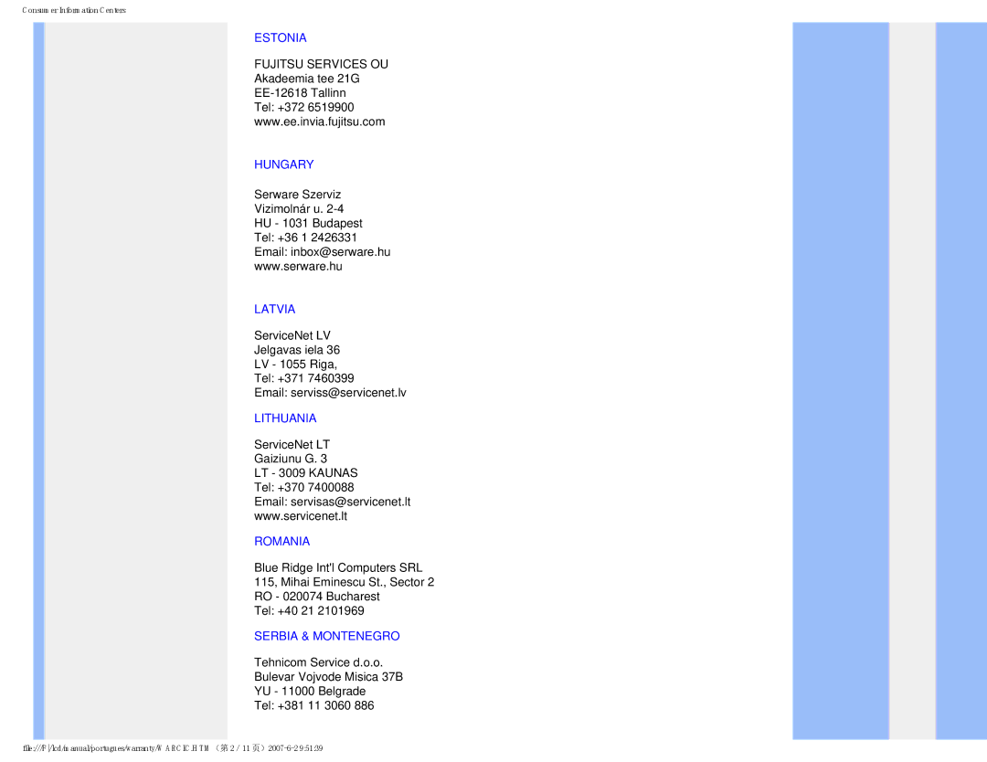 Philips 190B8 user manual Estonia, Hungary, Latvia, Lithuania, Romania, Serbia & Montenegro 