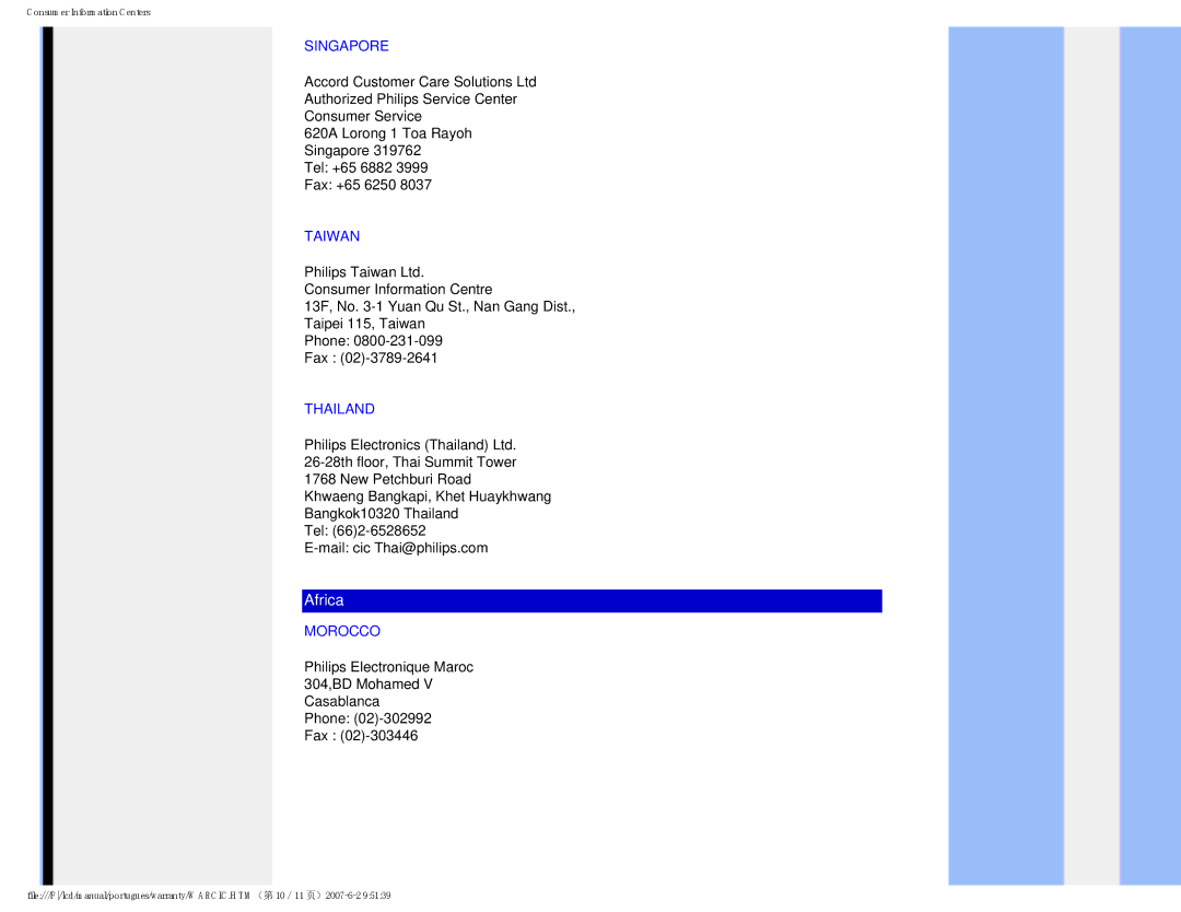 Philips 190B8 user manual Singapore, Taiwan, Thailand, Morocco 