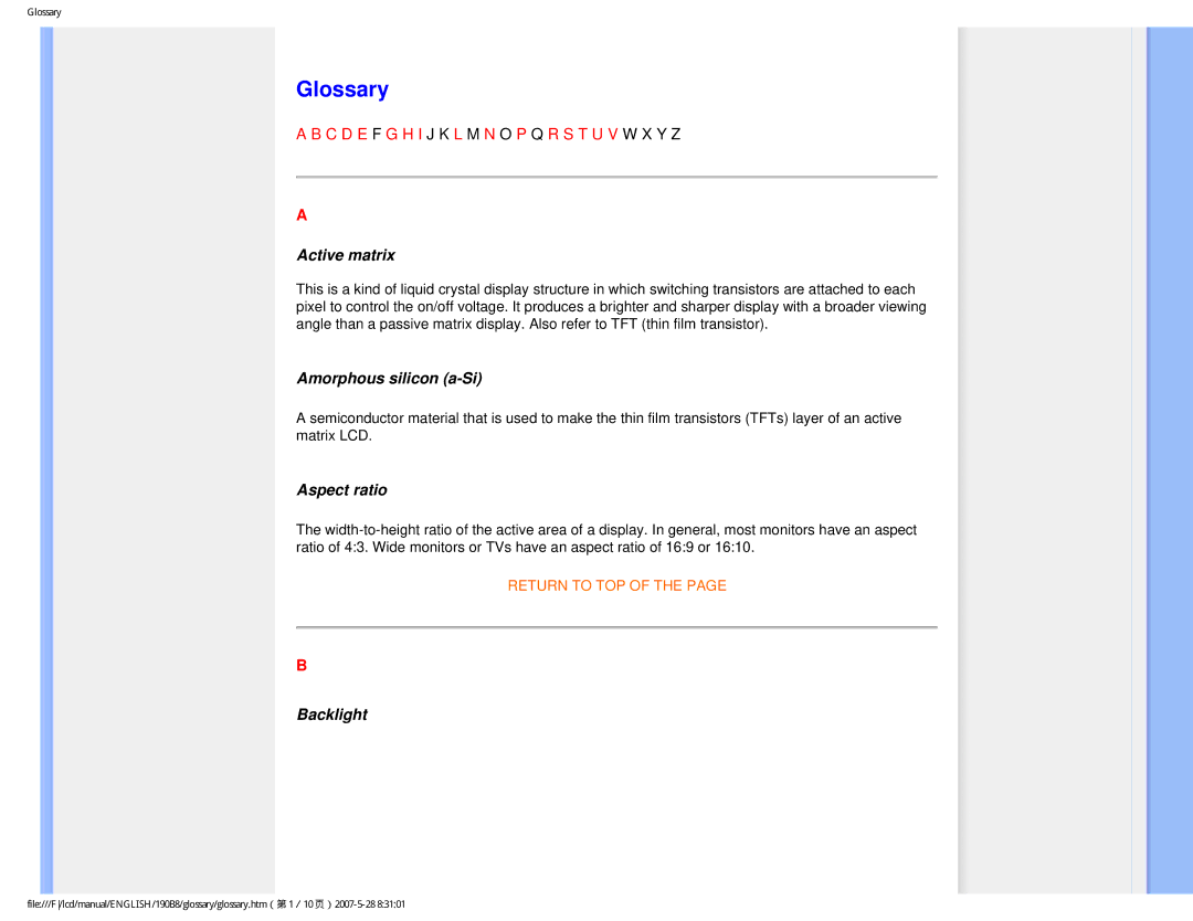 Philips 190B8CB user manual Glossary, Active matrix, Amorphous silicon a-Si, Aspect ratio, Backlight 