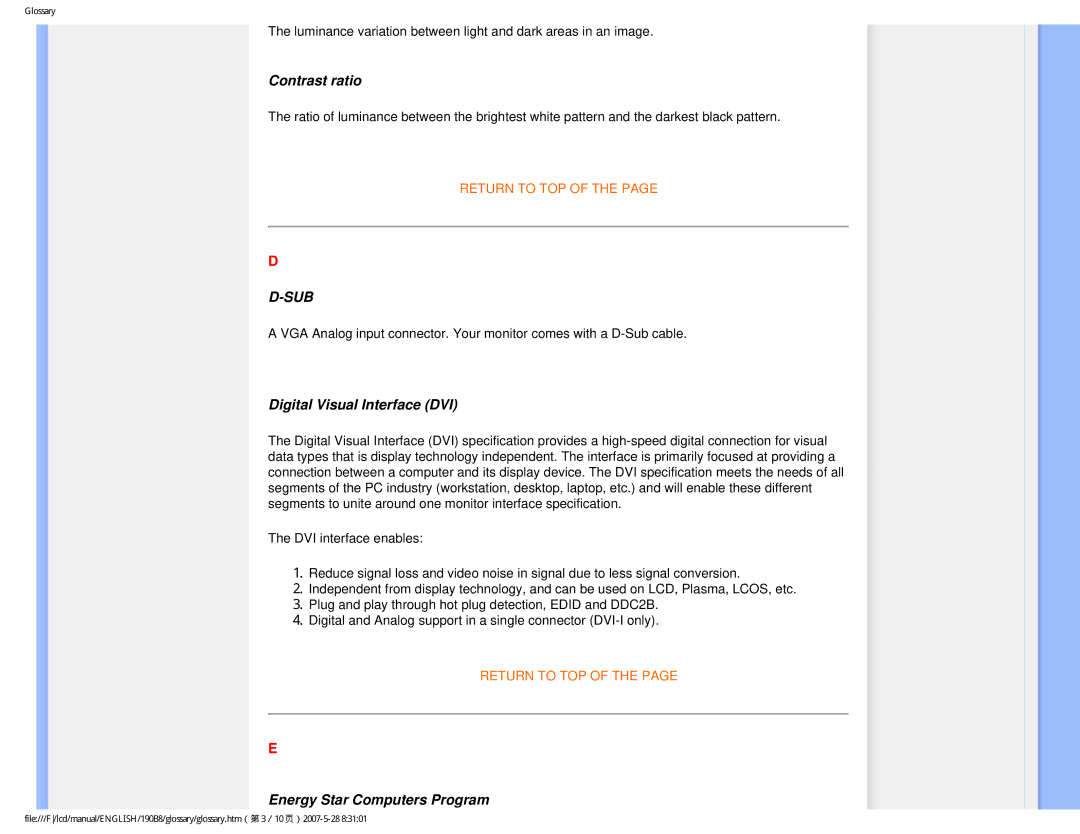 Philips 190B8CB user manual Contrast ratio, Digital Visual Interface DVI, Energy Star Computers Program 