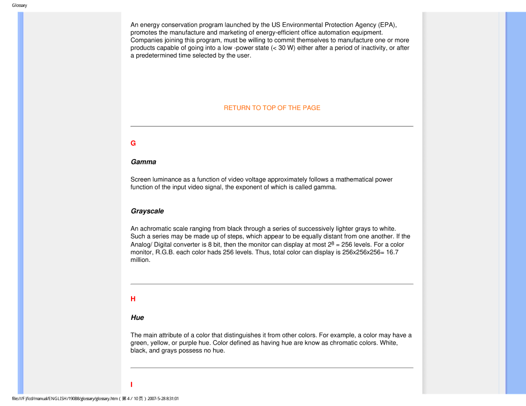 Philips 190B8CB user manual Gamma, Grayscale, Hue 