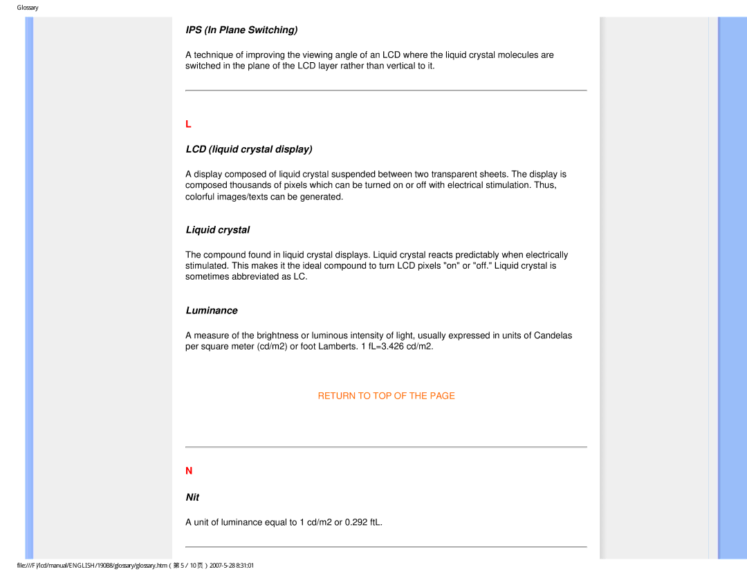 Philips 190B8CB user manual IPS In Plane Switching, LCD liquid crystal display, Liquid crystal, Luminance, Nit 