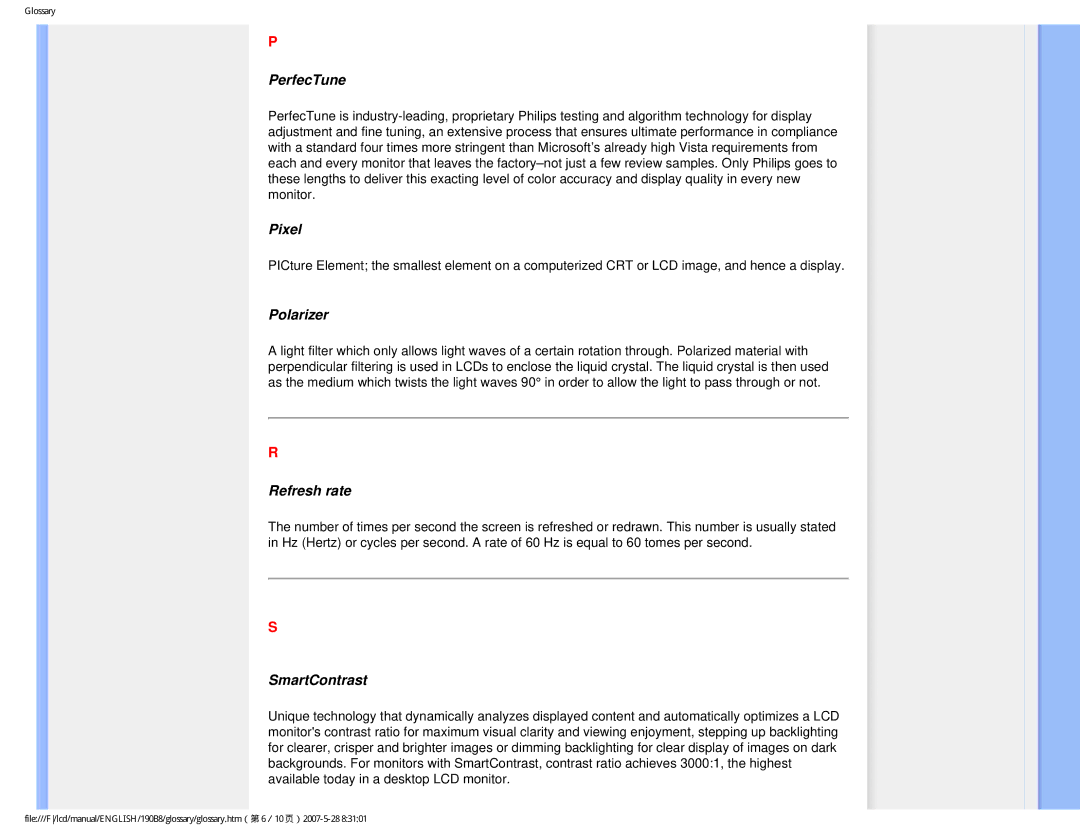 Philips 190B8CB user manual PerfecTune, Pixel, Polarizer, Refresh rate, SmartContrast 