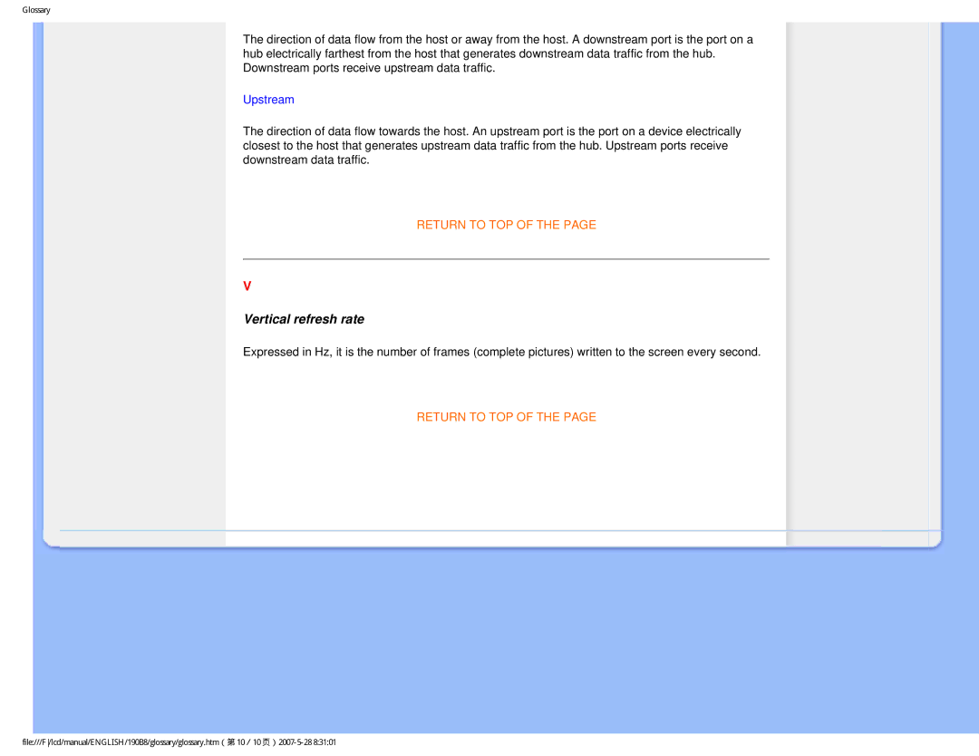 Philips 190B8CB user manual Vertical refresh rate, Upstream 