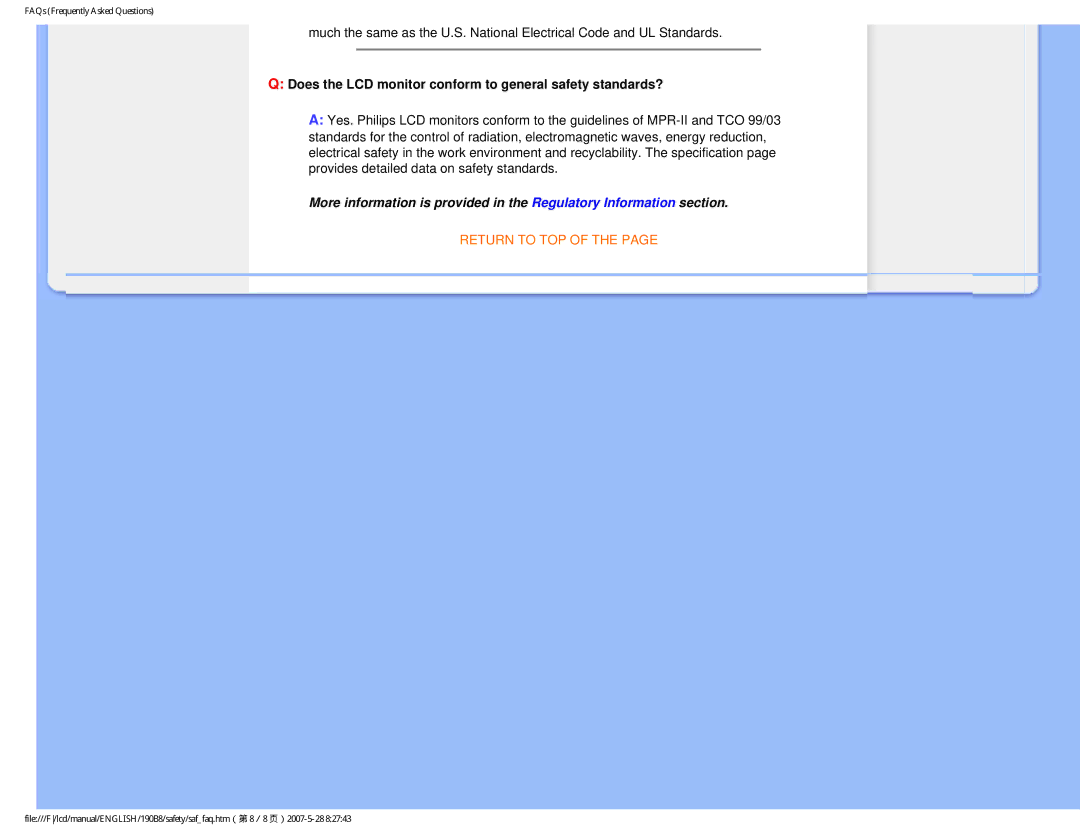 Philips 190B8CB user manual Does the LCD monitor conform to general safety standards? 