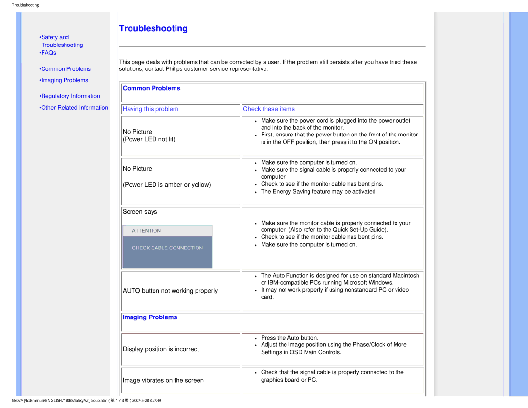 Philips 190B8CB user manual Troubleshooting 