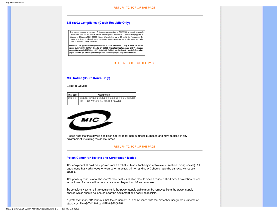 Philips 190B8CB user manual EN 55022 Compliance Czech Republic Only, MIC Notice South Korea Only 