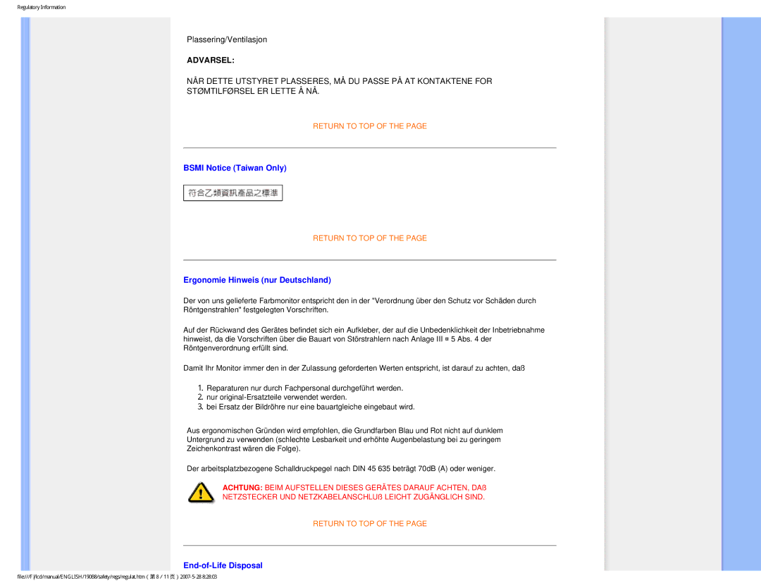 Philips 190B8CB user manual Bsmi Notice Taiwan Only, Ergonomie Hinweis nur Deutschland, End-of-Life Disposal 