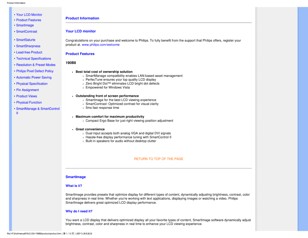 Philips 190B8CB Product Information Your LCD monitor Product Features, SmartImage, What is it?, Why do I need it? 