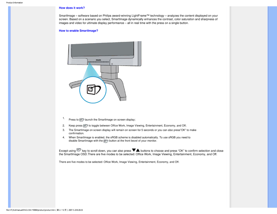 Philips 190B8CB user manual How does it work?, How to enable SmartImage? 