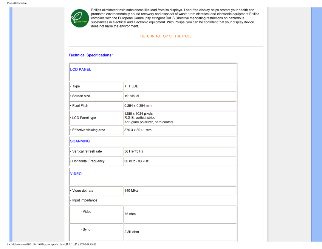 Philips 190B8CB user manual Technical Specifications, LCD Panel 