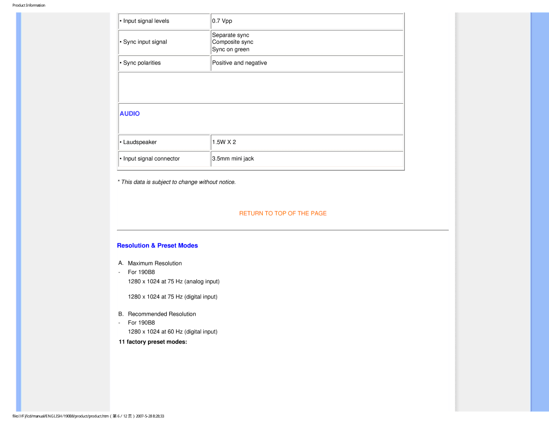 Philips 190B8CB user manual Audio, Resolution & Preset Modes 