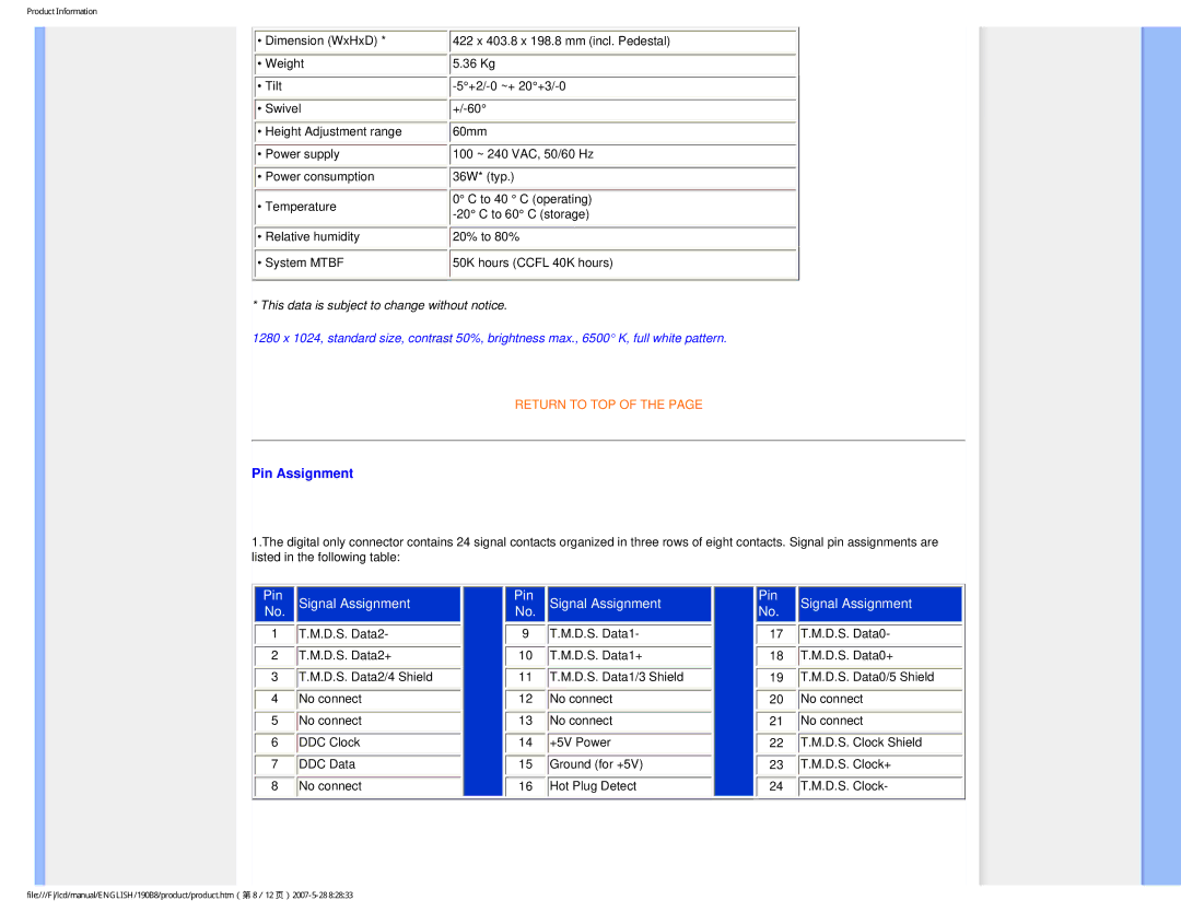 Philips 190B8CB user manual Pin Assignment, Pin Signal Assignment 