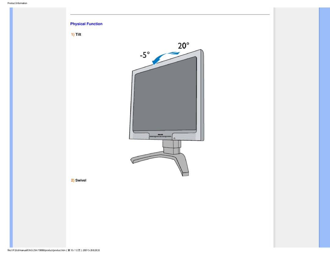 Philips 190B8CB user manual Physical Function, Tilt 