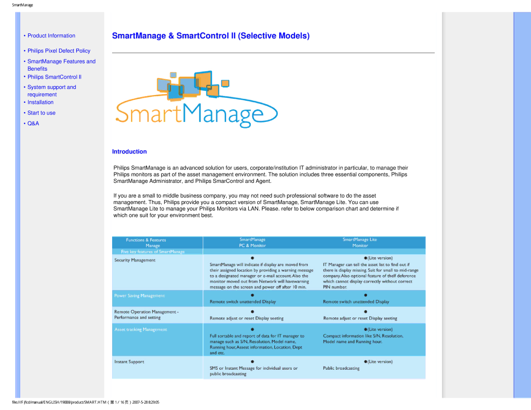 Philips 190B8CB user manual SmartManage & SmartControl II Selective Models, Introduction 