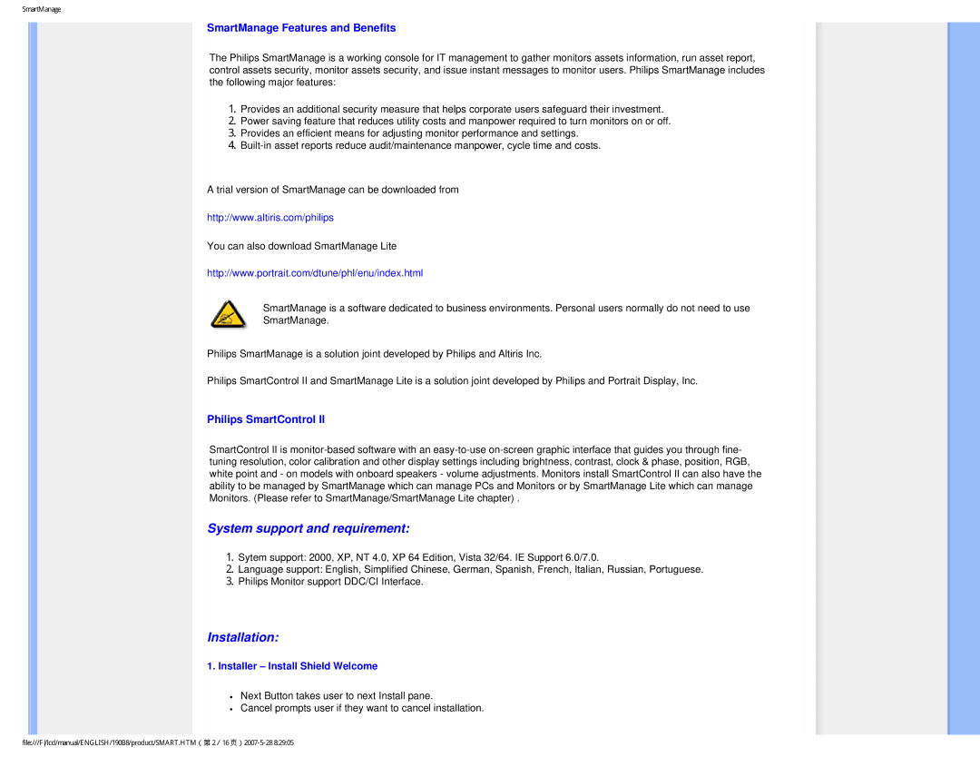 Philips 190B8CB user manual SmartManage Features and Benefits, Philips SmartControl, Installer Install Shield Welcome 